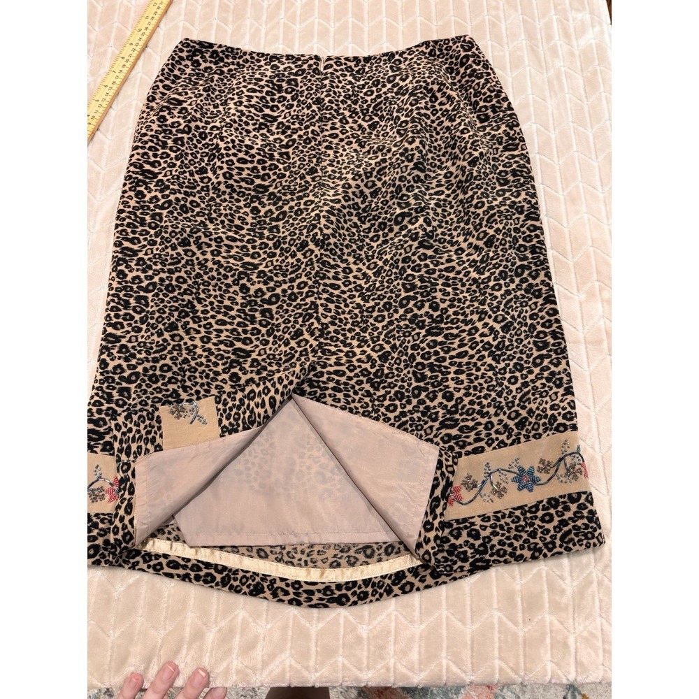 Vintage 90s Silk Club Skirt 14 Leopard Print Beaded Floral Boho Luxury Career - Picture 11 of 13